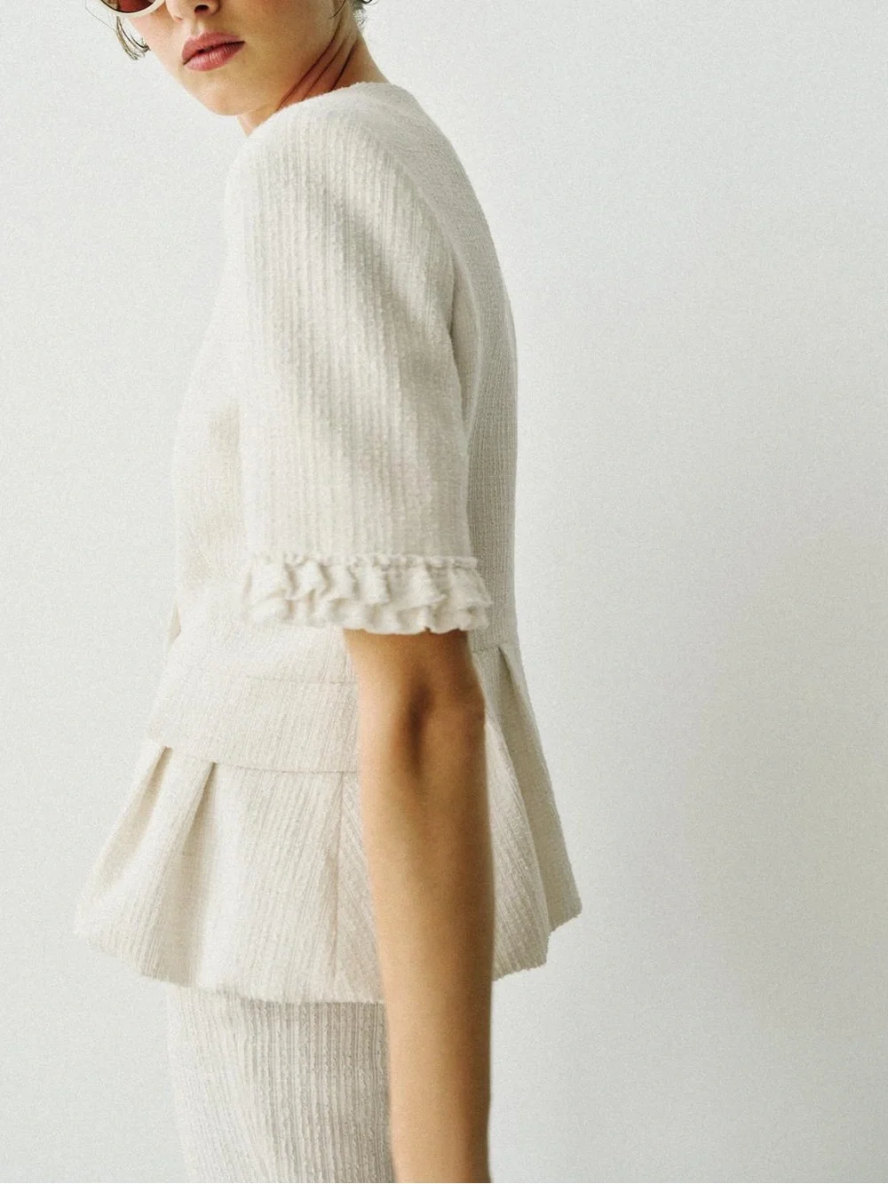 Zara NWT 2 piece matching SET Textured Cream button Top & cropped ruffle Pants